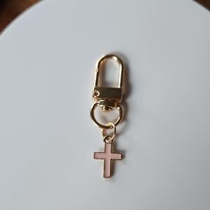 Cross Bag Charm/Keychain, Gold Tone, Pink Cross